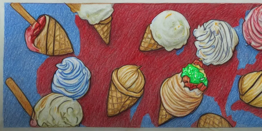 Image similar to colored pencil drawing of an ice cream food fight