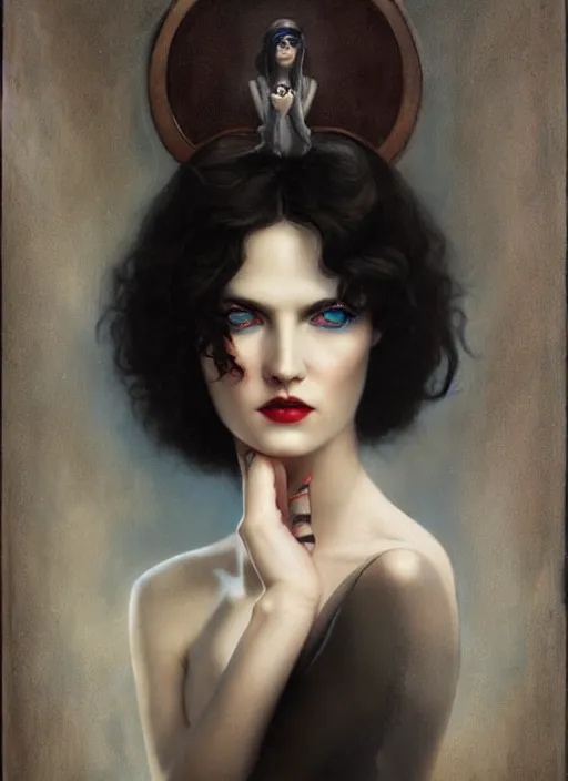 Image similar to a sinister portrait of an woman with beautiful blue eyes and dark hair, art by manuel sanjulian and tom bagshaw