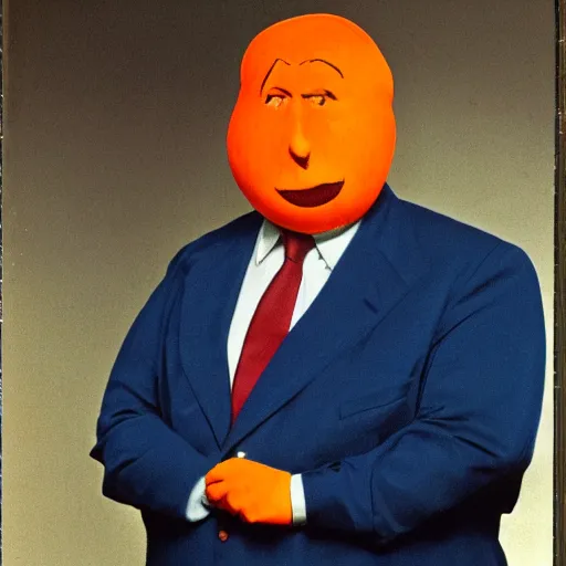 Image similar to photograph of a tall, angry, slightly obese man in his mid 7 0's, with blonde hair and an orange face, wearing a dark blue suit, a white shirt, and a red tie