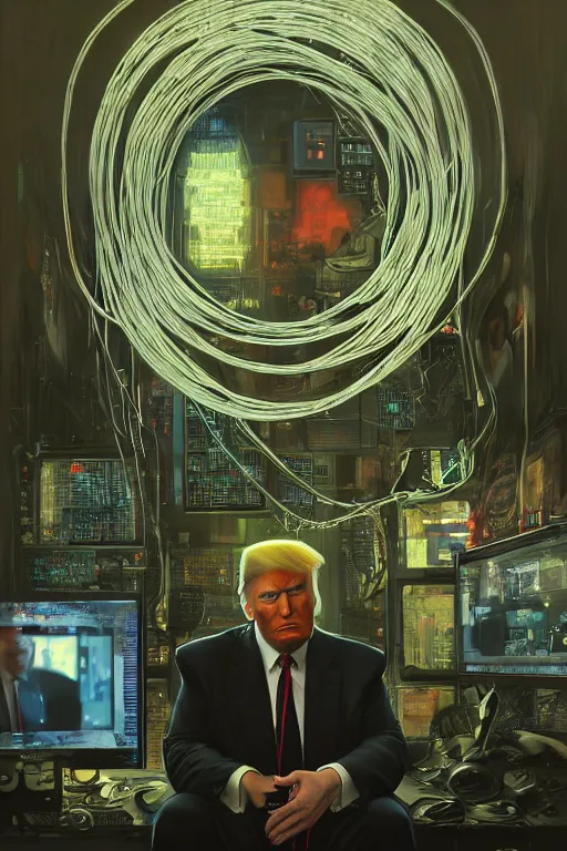 Prompt: hyperrealist cyberpunk portrait of donald j trump, it is decorated with long computer wires and computer monitors in the cyberpunk office background. by jeremy mann and alphonse mucha, fantasy art, photo realistic, dynamic lighting, artstation, poster, volumetric lighting, very detailed faces, 4 k, award winning