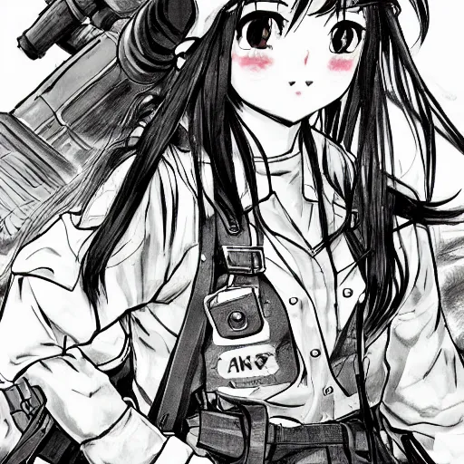 Prompt: manga style, g pen line art, portrait of a girl under artillery fire, trench sandbags in background, soldier clothing, long hair, hair down, symmetrical facial features, 4 koma, empty text balloons, trending pixiv, black patterns, by professional mangaka