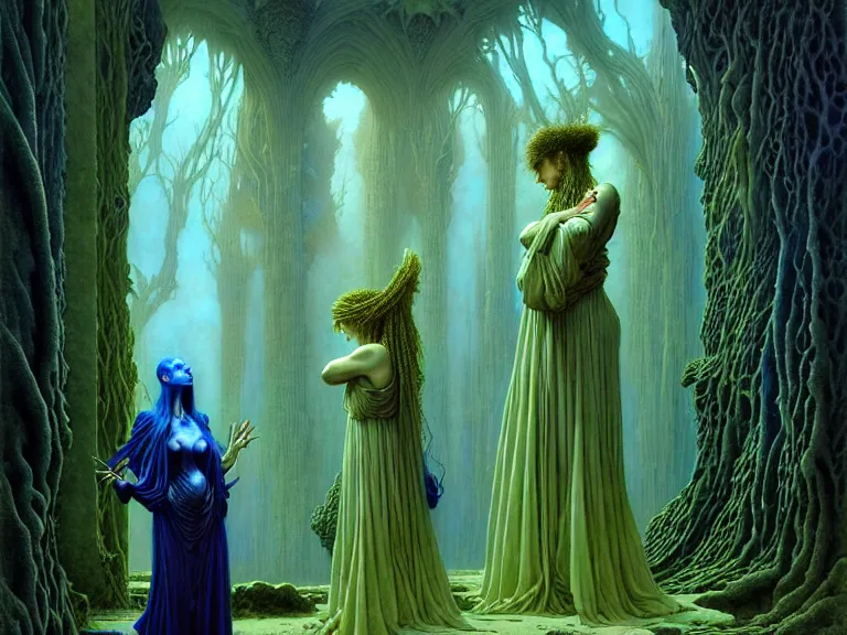 Image similar to the female arcanist and the male artificer by ferdinand knab and roger dean and brom and zdzisław beksinski and greg staples and louis janmot, beautiful, flowing magical robe, highly detailed, hyperrealistic, intricate, energy, electric, blue flame, low light, green crystal, high contrast, old and young, lifelike