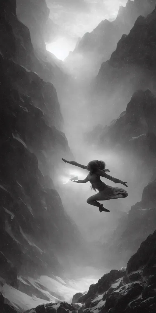 Image similar to A beautiful female alien flying over a foggy snowy mountain, Realistic, Refined, Detailed Digital Art, Oil Painting, William-Adolphe Bouguereau, Renaissance, Highly Detailed, Cinematic Lighting, black and white, tintype, Unreal Engine, 8K