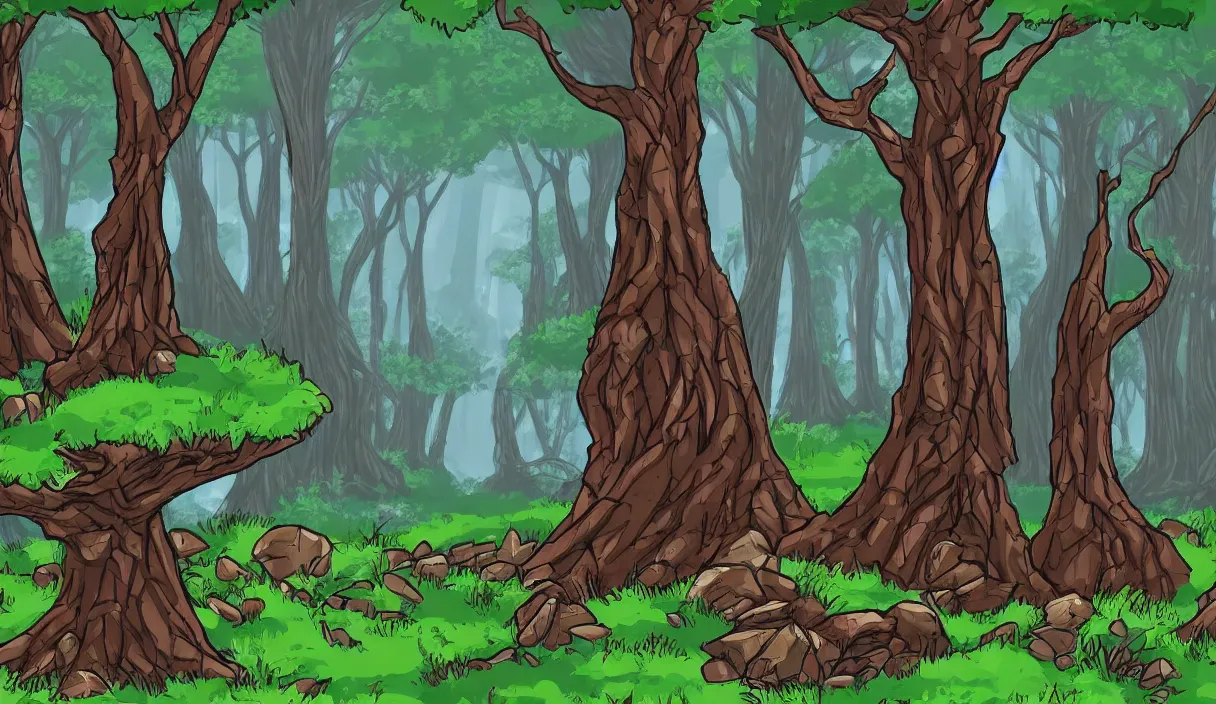 Prompt: a forest scenery background for a point and click adventure game