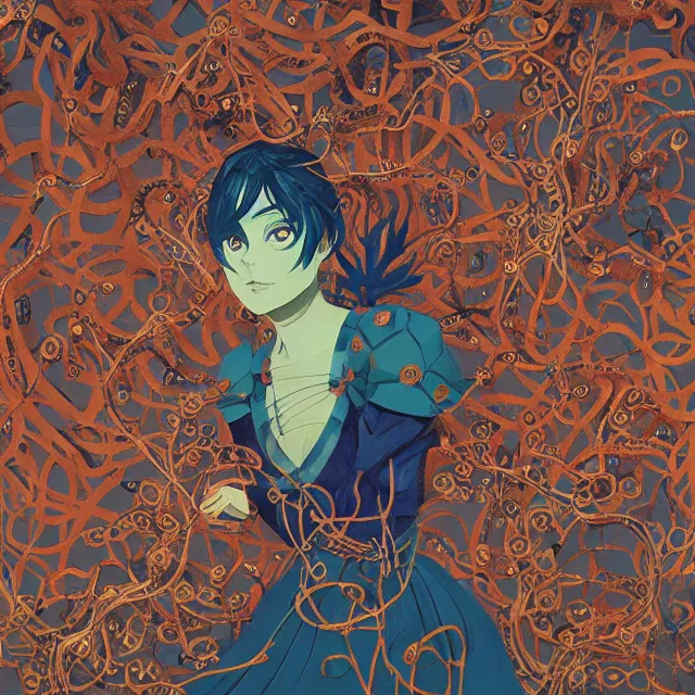 Prompt: the princess made of clockwork and vines. this gouache painting by the award - winning mangaka has interesting color contrasts, plenty of details and impeccable lighting.