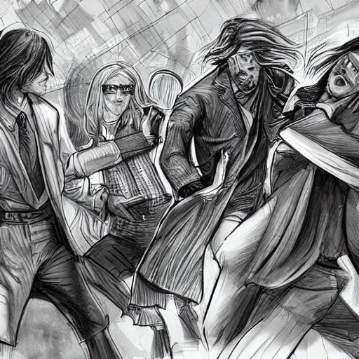 Image similar to hippie wearing robes, a fight between a boho cyberpunk hippie and a high - tech suit businessman, epic sketch art, cinematic mid shot fight, detailed