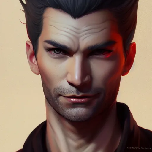 Image similar to Lucifer as an attractive man, 4k digital character design by Artgerm, WLOP, beeple, Hi-Fructose, James Jean, Andrei Riabovitchev, Marc Simonetti, yoshitaka Amano, Artstation, CGsociety