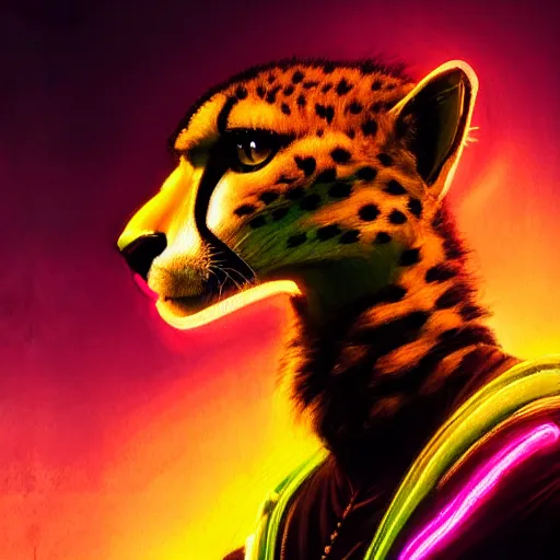 Prompt: a beautiful commission portrait of a male anthro cheetah wearing a neon jacket,futuristic,detailed face,mohawk,cyberpunk city,deviantart,artstation,art by greg rutkowski,ross tran,professional lighting,neon city,night,raytracing,highly realistic,4k,dramatic,hyperrealism