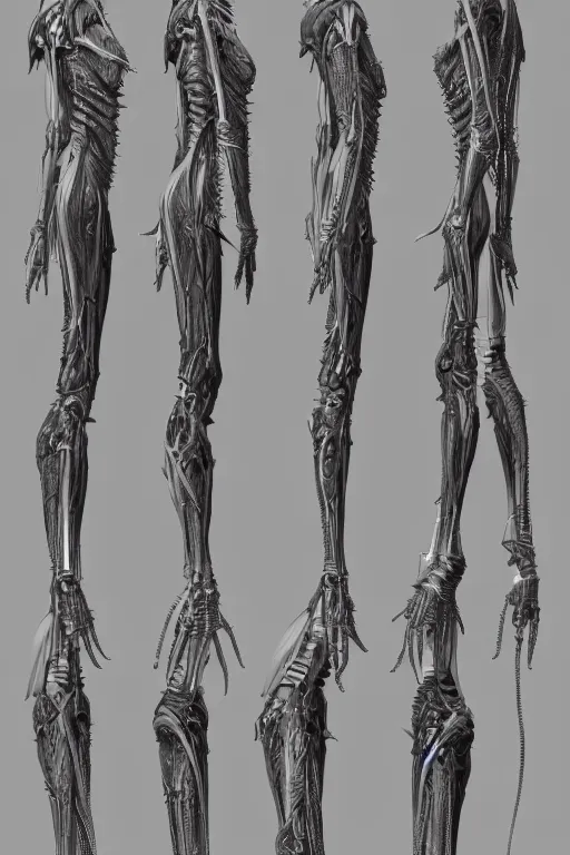 Prompt: vampire with gunmetal grey skin, medical anatomy, very symmetrical face, highly detailed, mecha, three - perspective / three - view reference sheet ( front / back / side ), in the style of dan ouellette, hr giger, sil from species, dren from splice, biomechanical, artstation, unreal engine