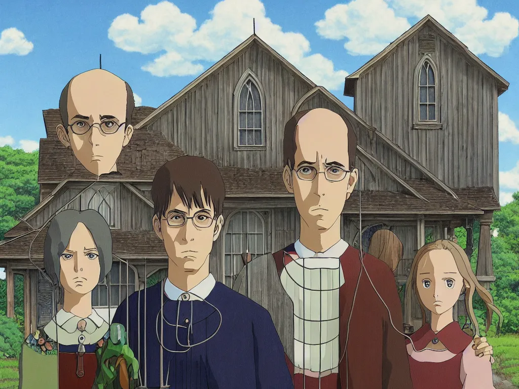 Image similar to american gothic in detailed studio ghibli anime style