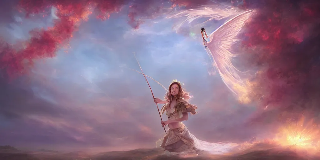 Image similar to An angel with beautiful face shooting luminous arrows with a bow on a country landscape covered with flowers, inspired by Amandine Van Ray, Christophe Vacher, trending on artstation, heavenly colors, volumetric lighting