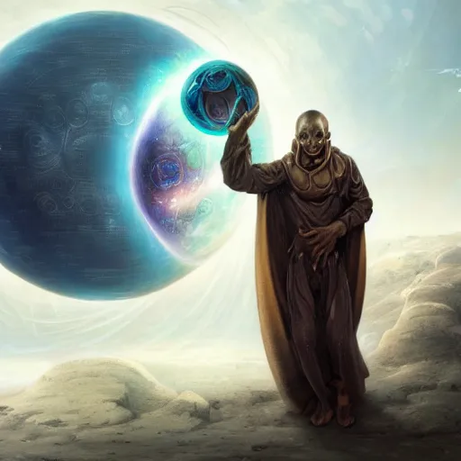 Image similar to male nomad wearing a cloak on an alien world and holding a holographic planet projection in his hand, covered face, detailed, sci - fi, digital painting, artstation, sharp focus, illustration, artgerm, tomasz alen kopera, peter mohrbacher, donato giancola, joseph christian leyendecker, wlop, frank frazetta