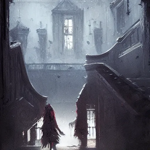 Image similar to walking through a haunted house by greg rutkowski