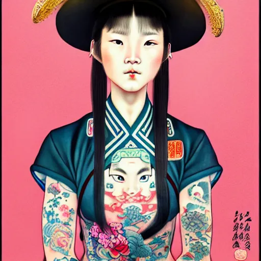 Prompt: full view of a girl from the qing dynasty with tattoos, wearing an american cowboy hat from the old west, in the year 2 0 4 0, style of yoshii chie and hikari shimoda and martine johanna, highly detailed