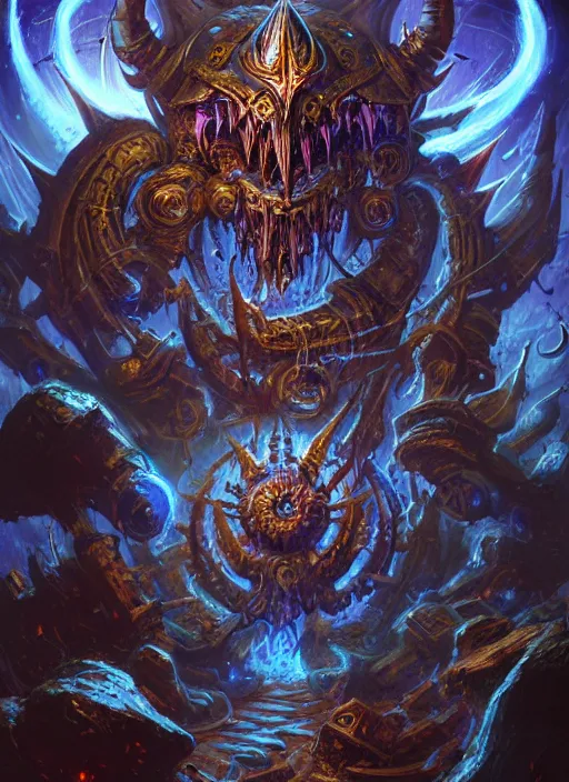 Image similar to wide shot of a changer of ways tzeentch, evil warp energy, intricate, warhammer, warhammer 4 0 k, highly detailed, digital painting, concept art, sharp focus, illustration, psychedelic, grim dark, moody, gloomy, art by john blanche, by pedro nunez, by jaime martinez, by nacho molina