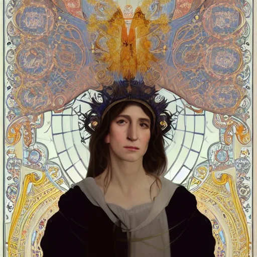 Image similar to portrait of charlotte gainsbourg as joan of arc, hyperreal digital painting, iconography influenced by alphonse mucha and eugene delacroix, arstation and deviantart trends, high resolution 8 k