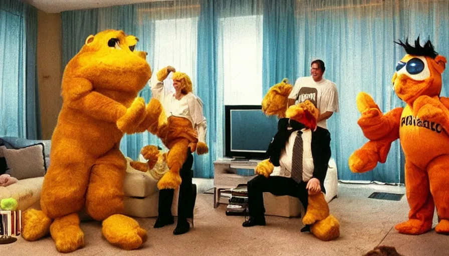 Image similar to 1990s candid 35mm photo of a beautiful day in the living room, cinematic lighting, cinematic look, golden hour, a very large, oversized magical salesman mascot creature is hanging out of the TV and aggressively trying to sell the family and kids a sports car by force, the salesman mascot creature is a very large giant, he has fancy decorations, there is an expensive sports car in the living room, car in the room, UHD