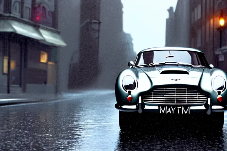 Prompt: a wholesome animation key shot of!! one!! focused!! aston martin db 5!!, dynamic, on a wet london street, raining, wide shot, studio ghibli, pixar and disney animation, sharp, very detailed, high resolution, rendered in unreal engine 5, anime key art by greg rutkowski, dull atmospheric lighting