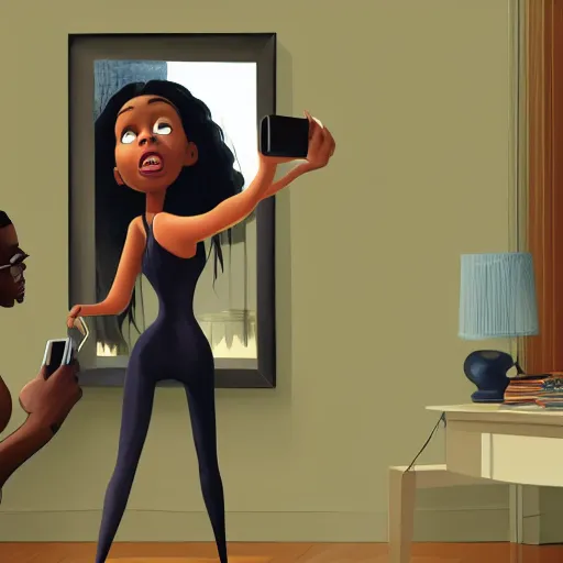 Image similar to stunning, coherent, beautiful painting, still of a giant man following a beautiful black bbw woman into her bedroom , she is taking a selfie of the creepy man is following her, 3d, in the style of pixar, comic book style, 3d, highly detailed, highly detailed, sharp focus, bokeh, depth of field, 16k resolution, Unreal Engine 5, coherent, cinematic lighting, photorealistic, by Zhang Jingna