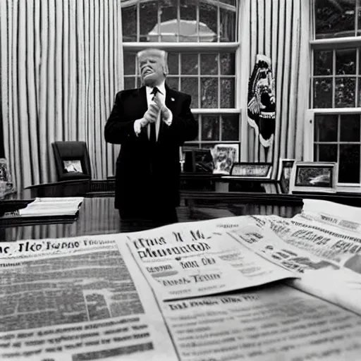 Image similar to Trump drunk in the Oval Office, newspaper picture, pulitzer-prized photo