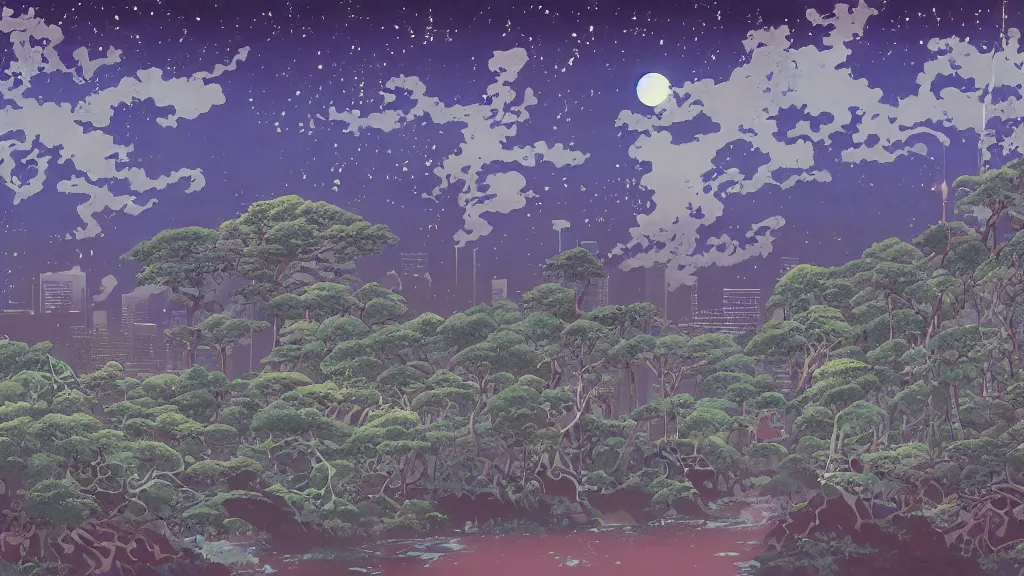 Prompt: tokyo japan with overgrown bioluminescent fungus and strangler fig, anime background, interior, gouache, hand painted, in the style of kazuo oga, studio ghibli