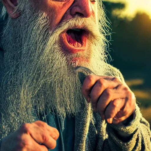 Image similar to scowling angry old wizard with a long white beard casting a spell, Tones of Black in Background, Golden Hour, Field of View, 2 Megapixels, 4-Dimensional, Masterpiece