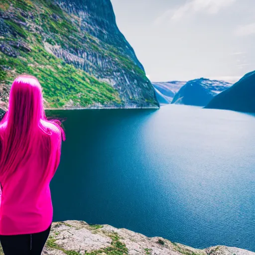Image similar to a young woman with long pink hair looking at fjords, hiking clothes, tank top, backpack, norway, fjords in background, cinematic, beautiful, stunning, day time, epic, 8 k