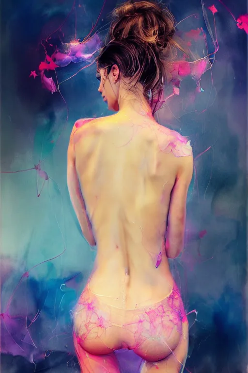 Prompt: sexy seductive little smile sophia vergara by agnes cecile enki bilal moebius, intricated details, lingerie, 3 / 4 back view, hair styled in a bun, bend over posture, full body portrait, extremely luminous bright design, pastel colours, drips, autumn lights