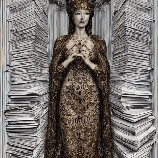 Image similar to 3 d goddess minerva, medium shot portrait. beautiful hyperrealistic intricate highly detailed and richly embroidered with esoteric symbols gown, surrounded by stacks of books bioluminescent, curious, plasma, 4 k surrealism