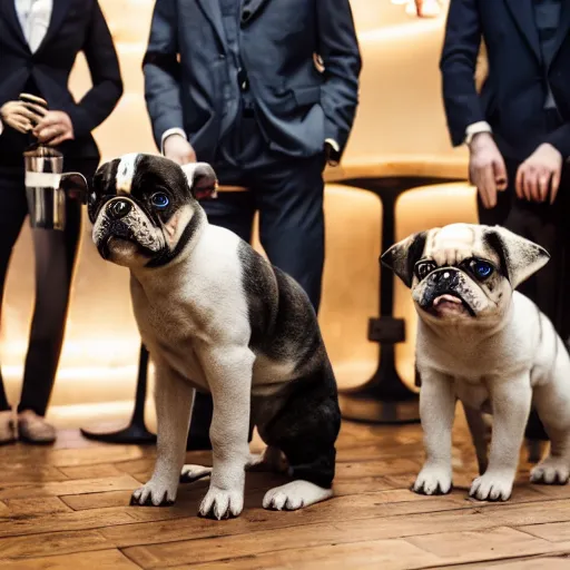 Prompt: a group of cute puppies wearing three piece suits having a discussion inside of a bar, 8k, cinematic, detailed,