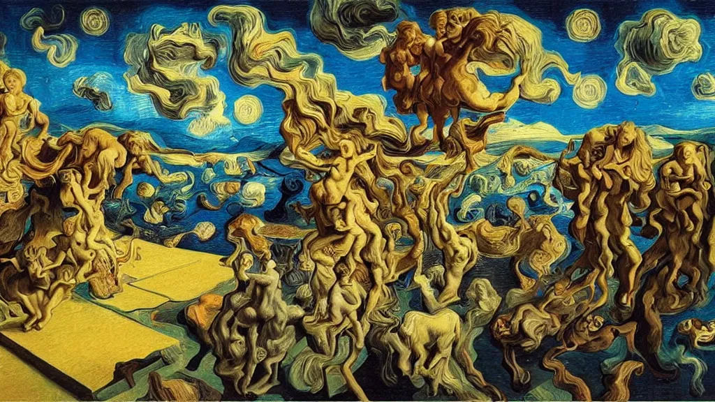 Image similar to psychoautistic scene of a divine moment, 4K, Rococo & Precisionism, colorized, by collaboration of Salvador Dali, Van Gogh and M. C. Escher