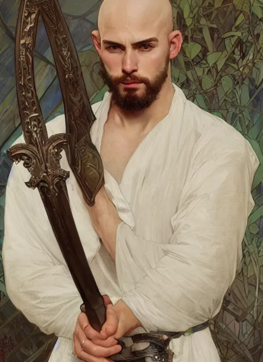 Image similar to a young man with wide, intense eyes. he is bald and clean shaven, dressed entirely in white and holding a huge sword. painting by artgerm and greg rutkowski and alphonse mucha