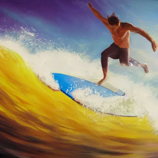 Image similar to a man riding a wave on top of a surfboard, a photorealistic painting by jerry weiss, shutterstock contest winner, naturalism, chillwave, fisheye lens, behance hd