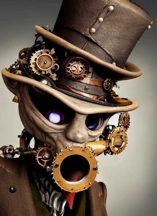 Image similar to closeup portrait of a steampunk medieval goblin wearing a top hat and goggles, depth of field, zeiss lens, detailed, symmetrical, centered, fashion photoshoot, by Annie Leibovitz and Steve McCurry, David Lazar, Jimmy Nelsson, Breathtaking, 8k resolution, extremely detailed, beautiful, establishing shot, artistic, hyperrealistic, beautiful face, octane render