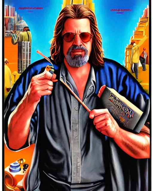 Image similar to the dude in the big lebowski, airbrush, drew struzan illustration art, key art, movie poster