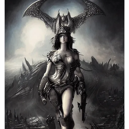 Image similar to By Tom Bagshaw and Boris Vallejo, ultra realist soft painting of a warzone by night, centered Gothic fully armored Megan Fox standing, horror, omnious sky, symmetry accurate features, very intricate details, black and white, volumetric light clouds