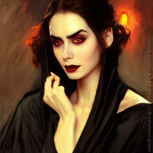 Image similar to detailed realistic cinematic wide shot of beautiful attractive lilly collins vampire woman wearing black bath robe slim face symettrical face clean skin black eyes black robe smooth, sharp focus, ultra realistic, spring light, painting by gaston bussiere, craig mullins, j. c. leyendecker