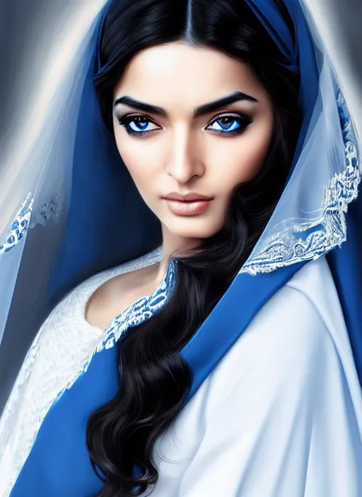 Image similar to ameera al taweel, bright blue eyes, long wavy black hair, white veil, in the style of stefan kostic, realistic, sharp focus, 8k high definition, insanely detailed, intricate, elegant, art by stanley lau and artgerm