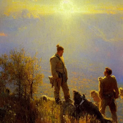 Image similar to Gaston Bussiere painting of tired and battered soldiers looking up and observing the first rays of sunlight during dawnbreak, dramatic painting, dark, scary, hopeful