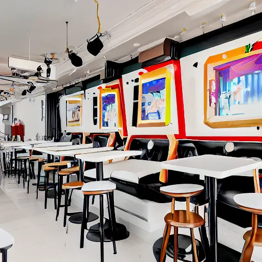 Prompt: photo of a white cafe interior with arcade machines on one side and tables on the other, 8 0 s art on the tall white walls, wide angle shot 4 k hdr