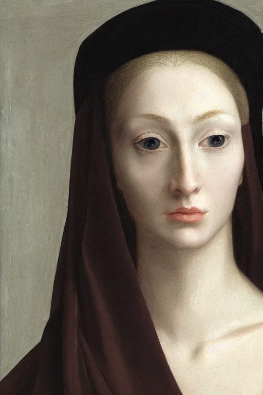 Prompt: hyperrealism extreme close-up portrait of medieval female, pale skin, wearing dark silk, in style of classicism