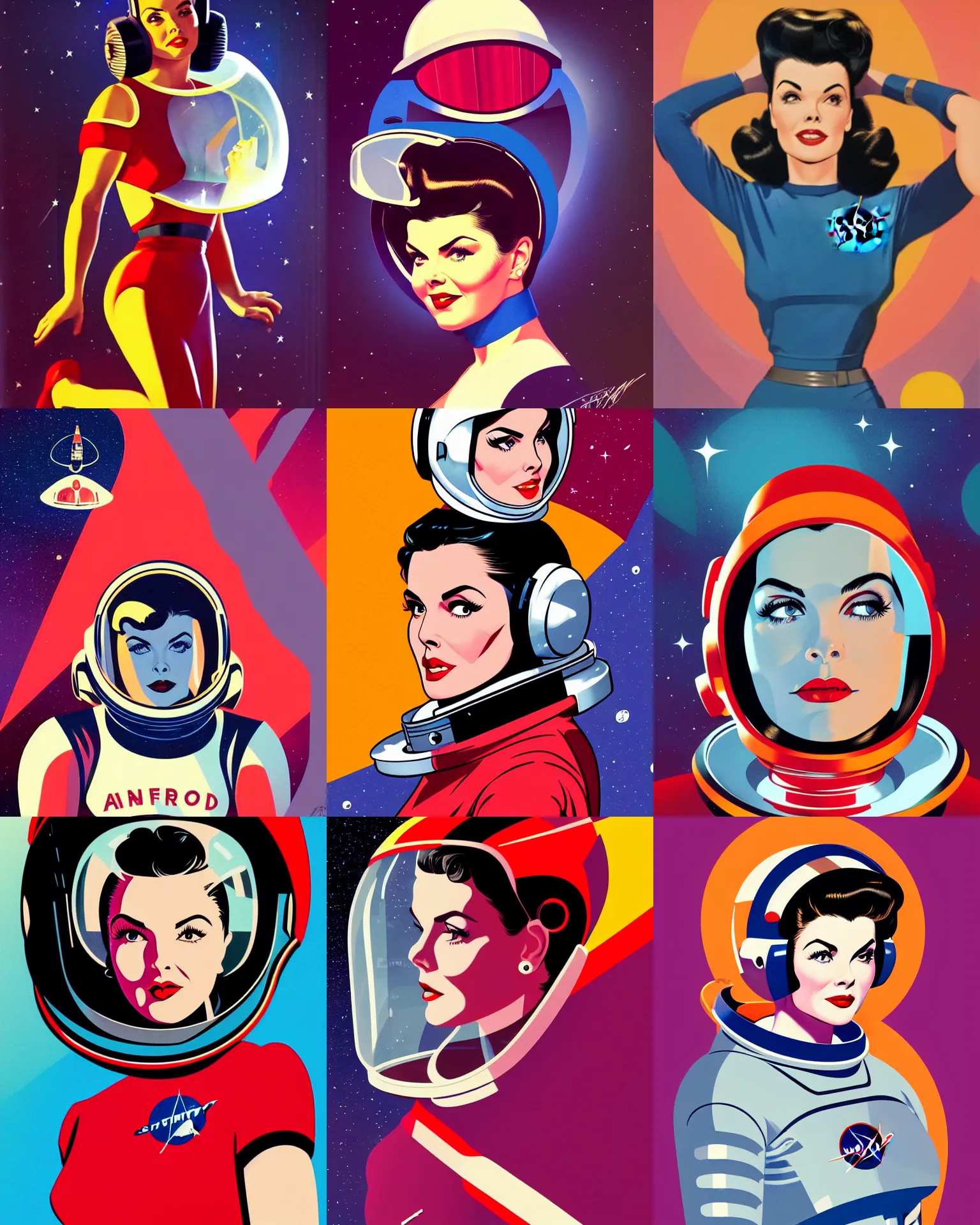 Prompt: sherilyn fenn 2 6 years old astronaut, retro space helmet, forbidden planet 1 9 5 6, retro futurism 1 9 5 0 s, half portrait by stanley artgerm, dramatic lighting, ilya kuvshinov, trending on artstation, flat colour, geometric curves, gradient filter, pleasing tone colours, space walk