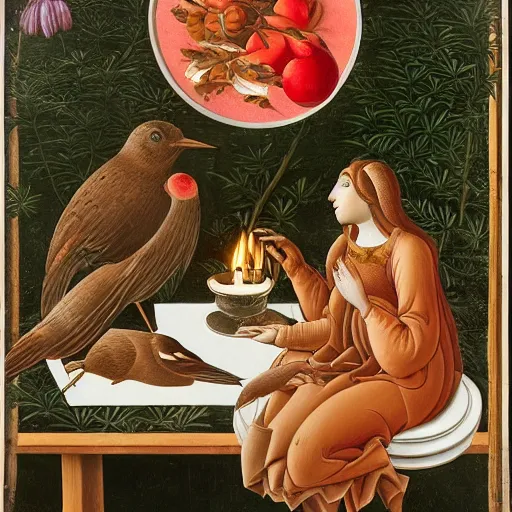 Prompt: botticelli spring sitting behind a wood circular table with a candle on top and a turdus rufiventris eating a red apple