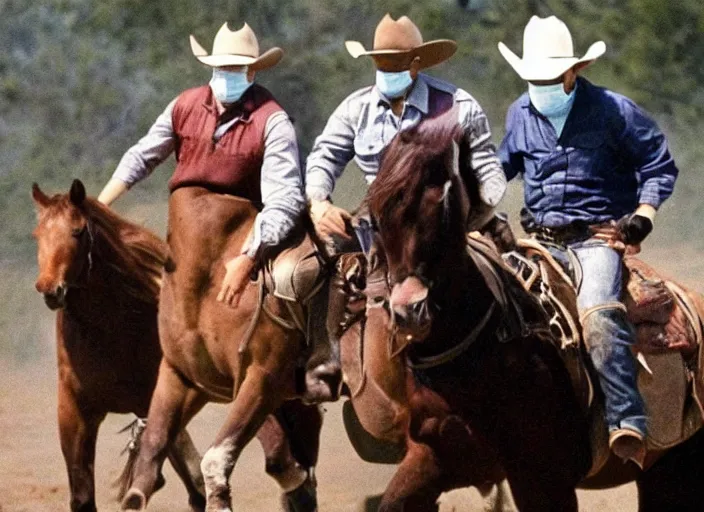 Image similar to a cowboy horse chase vigilantes with face masks disguise, shoot out, exploding horse wide shot, from the hit 1 9 9 0 s tv show on tnt