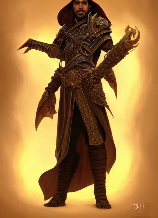 Image similar to portrait of a male desert mage as a diablo 3 character, looking at camera, D&D, sand mage, long black hair, intricate, elegant, stylish, cute smile, fantasy, extremely detailed, digital painting, artstation, concept art, smooth, sharp focus, illustration, ambient lighting, art by artgerm and greg rutkowski and alphonse mucha and simon stalenhag