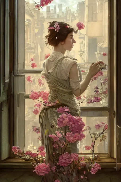 Prompt: ultra realistic illustration, old vintage card in city with flowers blossoming out the window, elegant, highly detailed, digital painting, concept art, smooth, sharp focus, illustration, art by artgerm and greg rutkowski and alphonse mucha
