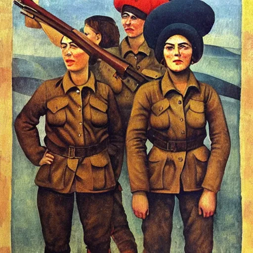 Image similar to soviet painting of female soviet partisan by isaak brodsky, walter womacka, czeslaw znamierowski, vladimir pchelin, kuzma petrov - vodkin, igor berezovsky