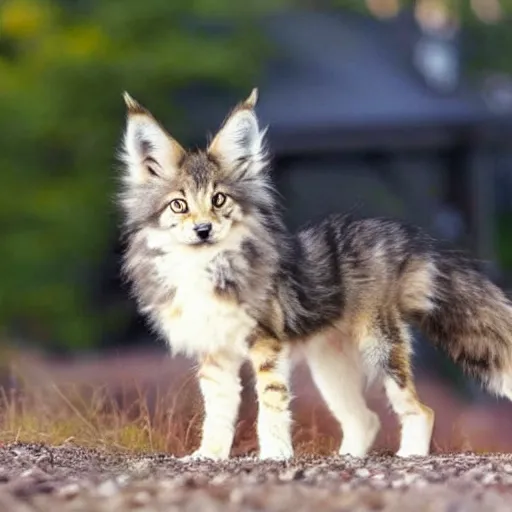 Prompt: a very cute maine coon coyote wolf kitten hybrid with long fluffy tail