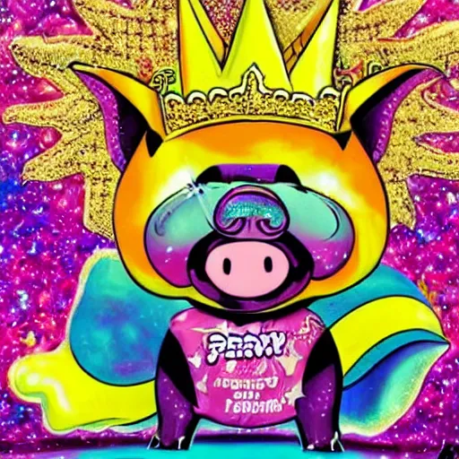 Prompt: lisa frank superhero pose pig wearing a gold crown throwing pop corn painting by android jones