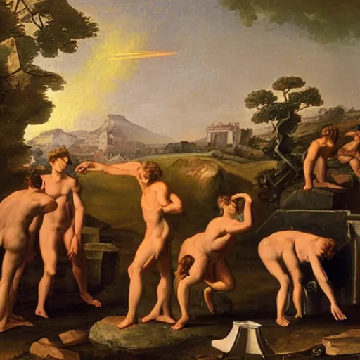 Prompt: oil painting of Ancient Romans discovering Jupiter with a telescope